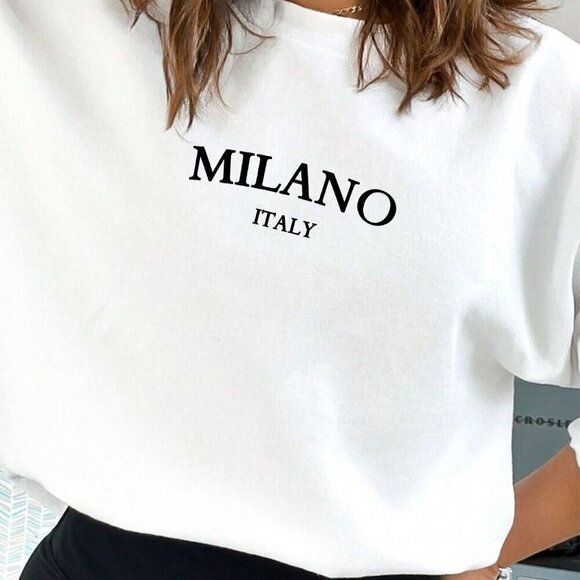 White Casual Women's Round Neck Oversized Milano Print Sweatshirt - Picture 2 of 4